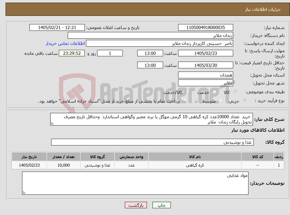 تصویر کوچک آگهی نیاز کالا- خرید تعداد 10000عدد کره گیاهی 10 گرمی مهگل یا برند معتبر وگواهی استاندارد وحداقل تاریخ مصرف تحویل رایگان زندان ملایر