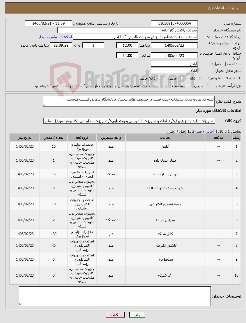 تصویر کوچک آگهی نیاز کالا-تهیه دوربین و سایر متعلقات جهت نصب در قسمت های مختلف پالایشگاه مطابق لیست پیوست.