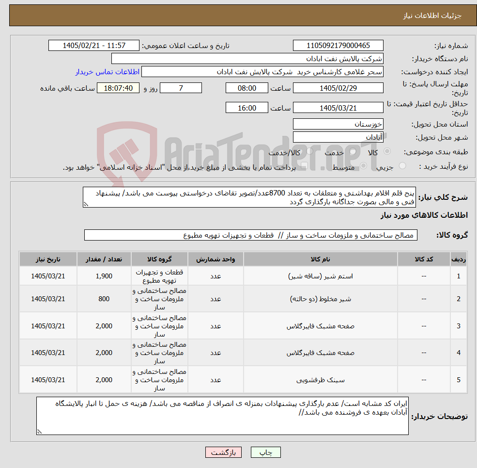تصویر کوچک آگهی نیاز کالا-پنج قلم اقلام بهداشتی و متعلقات به تعداد 8700عدد/تصویر تقاضای درخواستی پیوست می باشد/ پیشنهاد فنی و مالی بصورت جداگانه بارگذاری گردد