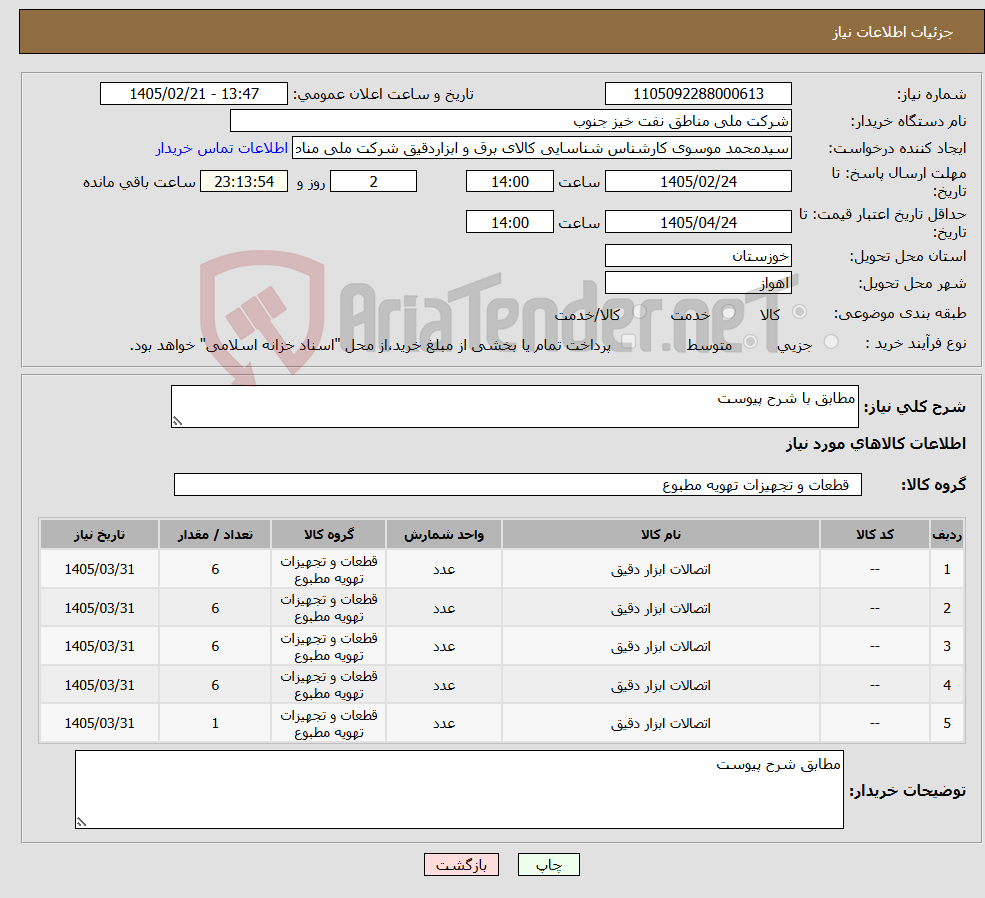 تصویر کوچک آگهی نیاز کالا-مطابق با شرح پیوست