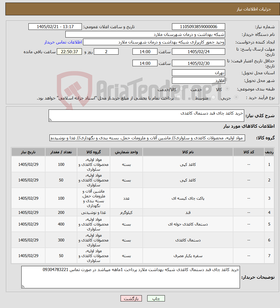 تصویر کوچک آگهی نیاز کالا-خرید کاغذ چای قند دستمال کاغذی
