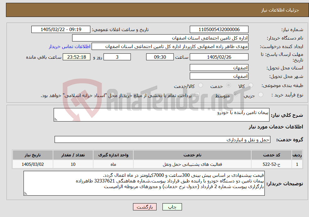 تصویر کوچک آگهی نیاز خدمات-پیمان تامین راننده با خودرو