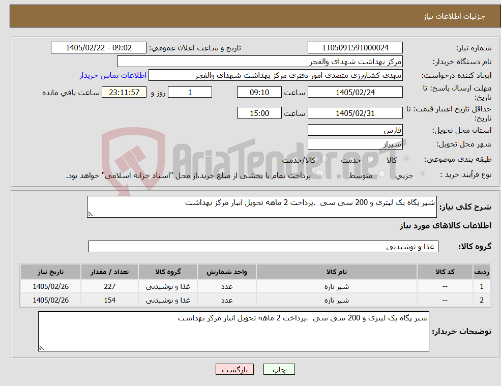 تصویر کوچک آگهی نیاز کالا-شیر پگاه یک لیتری و 200 سی سی .پرداخت 2 ماهه تحویل انبار مرکز بهداشت