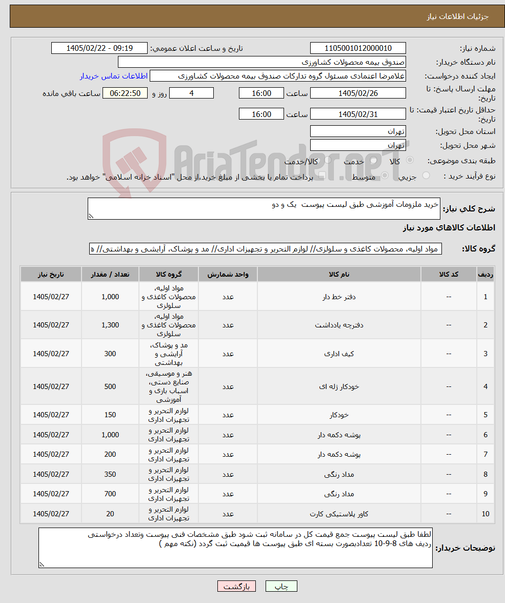 تصویر کوچک آگهی نیاز کالا-خرید ملزومات آموزشی طبق لیست پیوست یک و دو