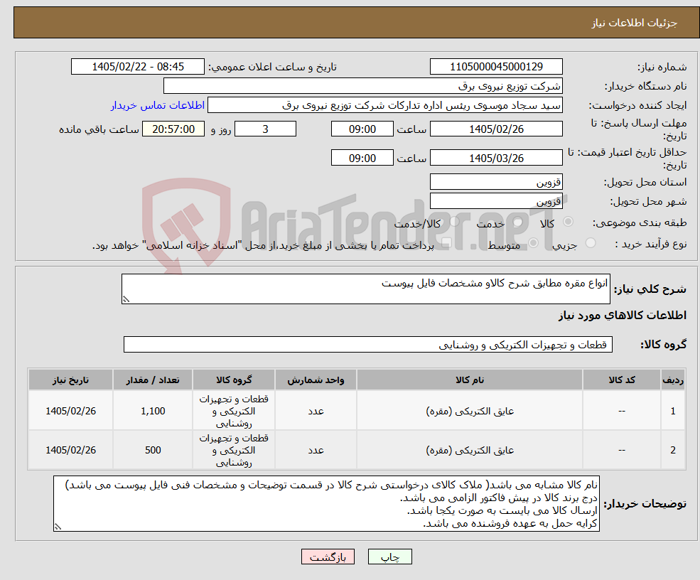 تصویر کوچک آگهی نیاز کالا-انواع مقره مطابق شرح کالاو مشخصات فایل پیوست