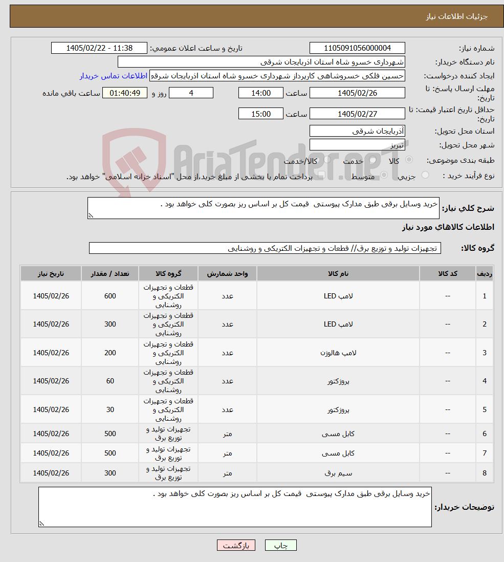 تصویر کوچک آگهی نیاز کالا-خرید وسایل برقی طبق مدارک پیوستی قیمت کل بر اساس ریز بصورت کلی خواهد بود . 