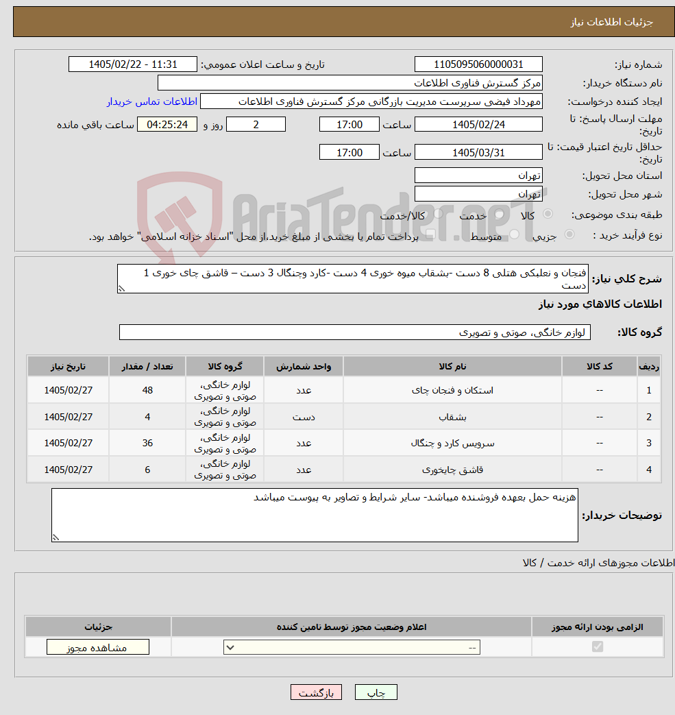 تصویر کوچک آگهی نیاز کالا-فنجان و نعلبکی هتلی 8 دست -بشقاب میوه خوری 4 دست -کارد وچنگال 3 دست – قاشق چای خوری 1 دست 