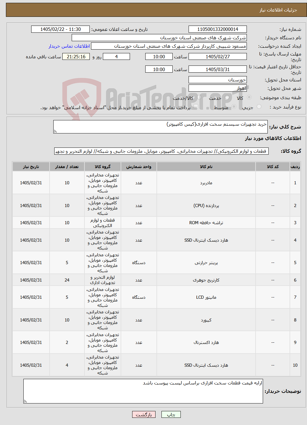 تصویر کوچک آگهی نیاز کالا-خرید تجهیزات سیستم سخت افزاری(کیس کامپیوتر)