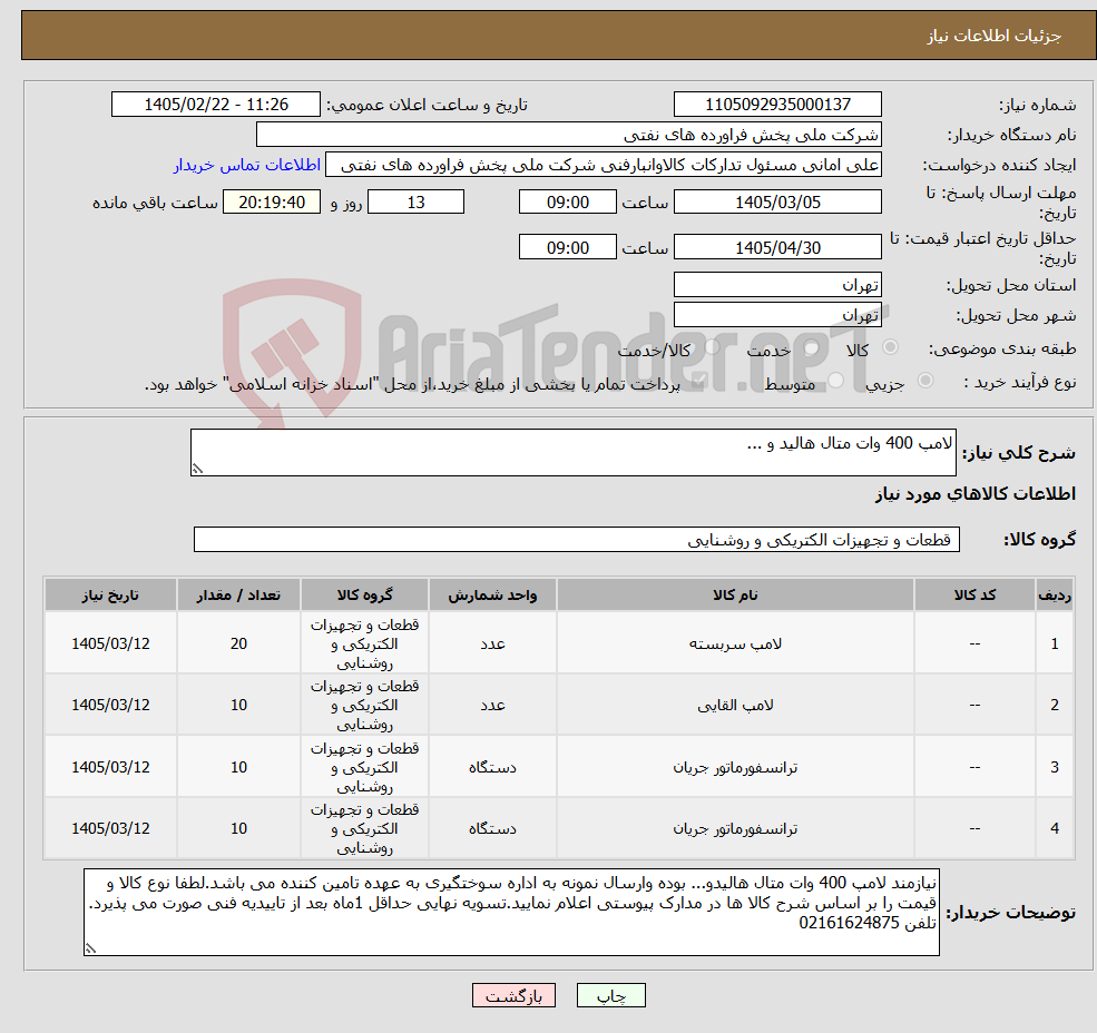 تصویر کوچک آگهی نیاز کالا-لامپ 400 وات متال هالید و ...