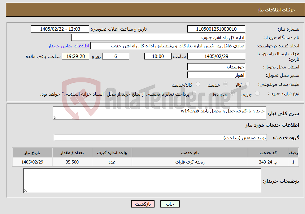 تصویر کوچک آگهی نیاز خدمات-خرید و بارگیری،حمل و تحویل پابند فنریw14