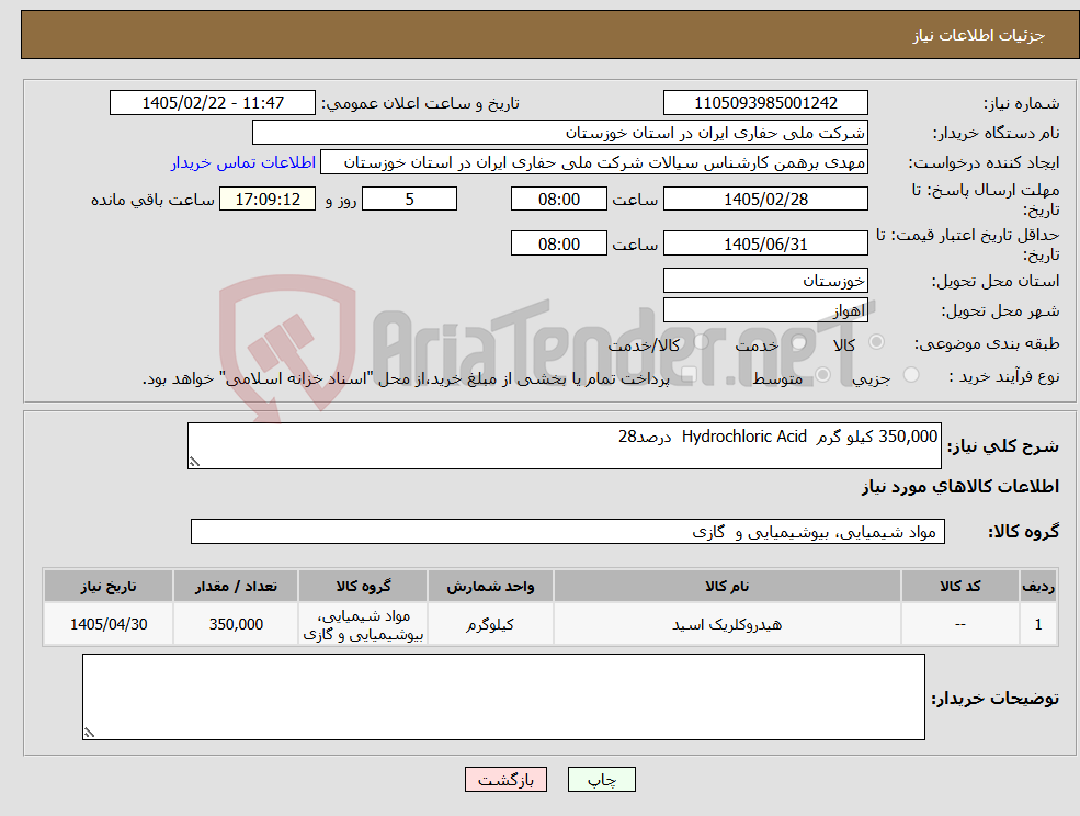 تصویر کوچک آگهی نیاز کالا-350,000 کیلو گرم Hydrochloric Acid درصد28