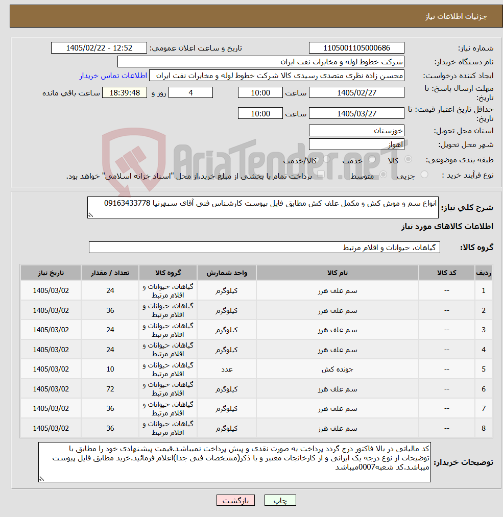 تصویر کوچک آگهی نیاز کالا-انواع سم و موش کش و مکمل علف کش مطابق فایل پیوست کارشناس فنی آقای سپهرنیا 09163433778