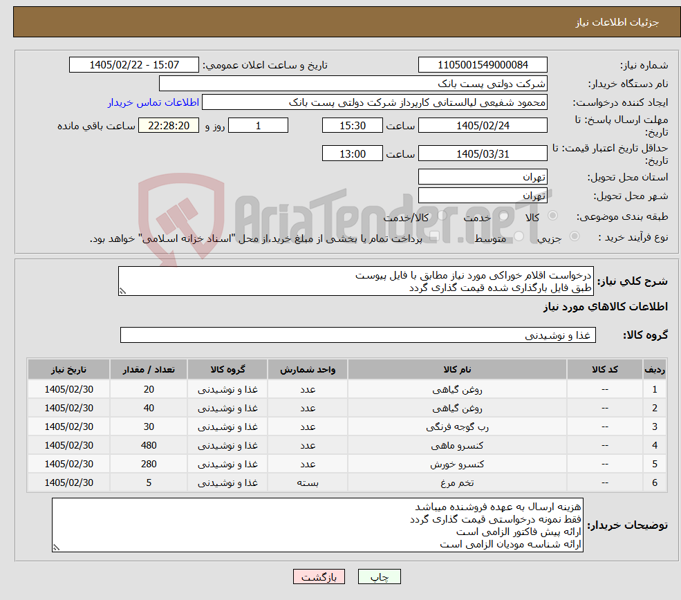 تصویر کوچک آگهی نیاز کالا-درخواست اقلام خوراکی مورد نیاز مطابق با فایل پیوست طبق فایل بارگذاری شده قیمت گذاری گردد