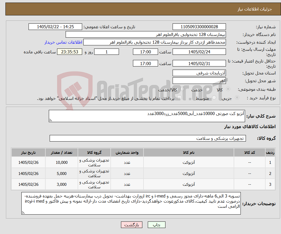 تصویر کوچک آگهی نیاز کالا-آنژیو کت صورتی 10000عدد_آبی5000عدد_زرد3000عدد