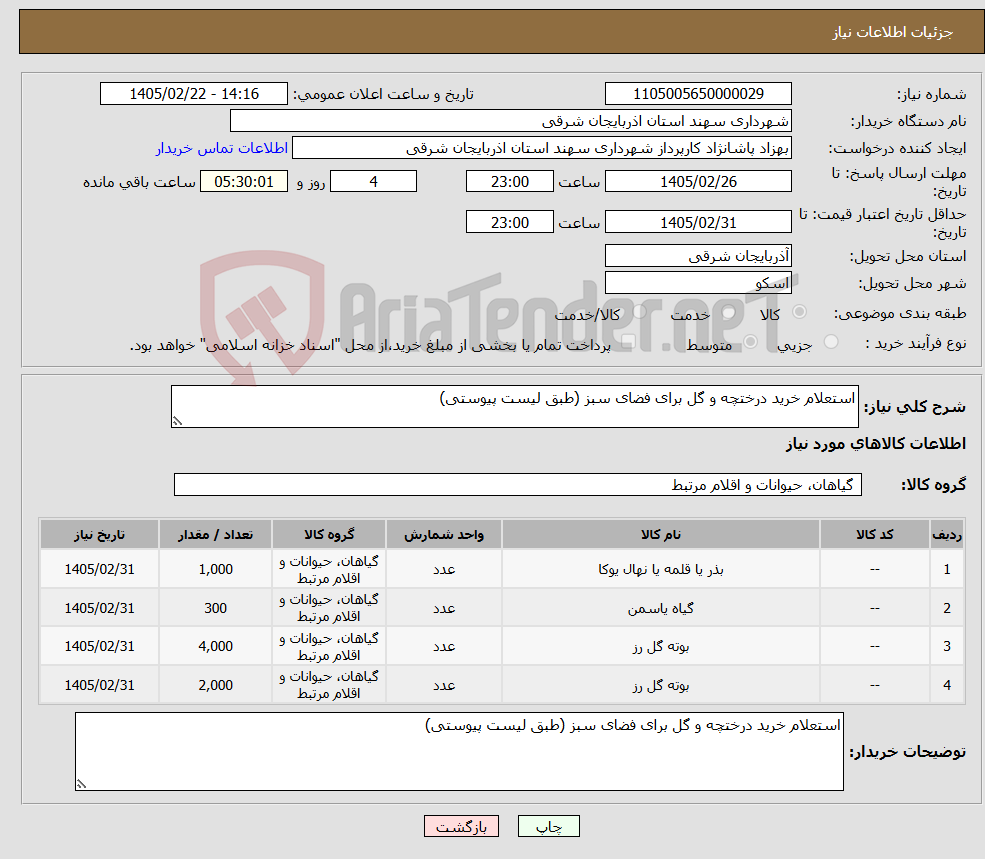 تصویر کوچک آگهی نیاز کالا-استعلام خرید درختچه و گل برای فضای سبز (طبق لیست پیوستی)