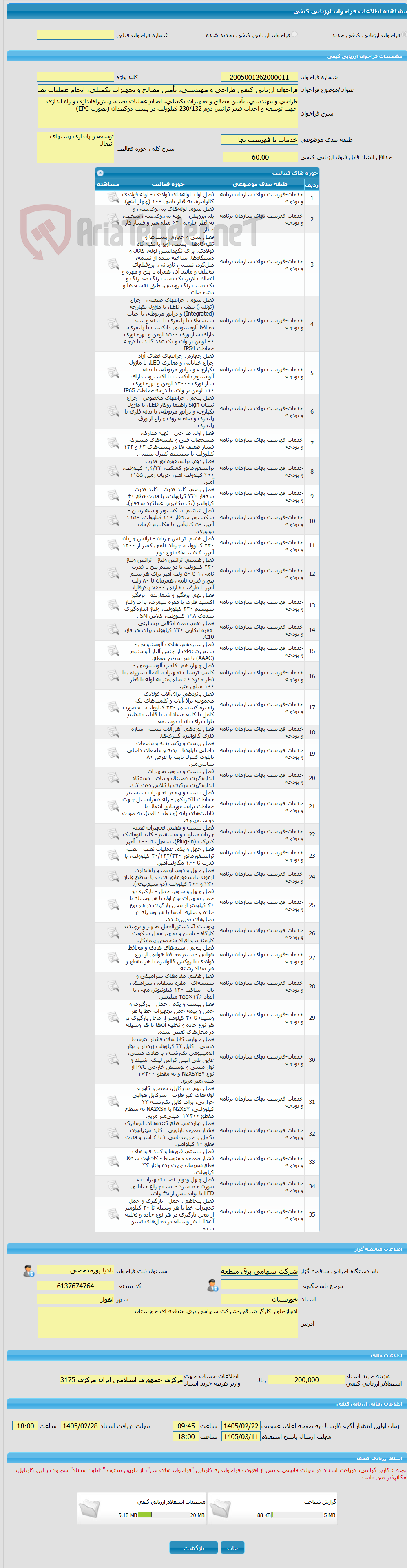 تصویر کوچک آگهی فراخوان ارزیابی کیفی طراحی و مهندسی، تأمین مصالح و تجهیزات تکمیلی، انجام عملیات نصب، پیش‌راه‌اندازی و راه اندازی جهت توسعه و احداث فیدر ترانس دوم 