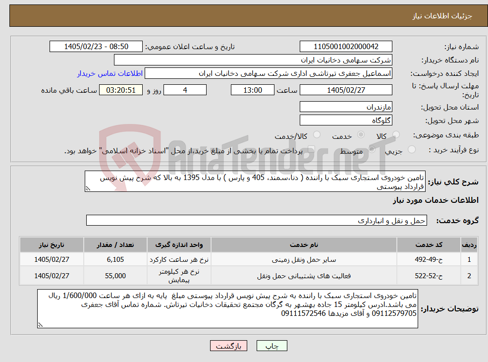 تصویر کوچک آگهی نیاز خدمات-تامین خودروی استجاری سبک با راننده ( دنا،سمند، 405 و پارس ) با مدل 1395 به بالا که شرح پیش نویس قرارداد پیوستی