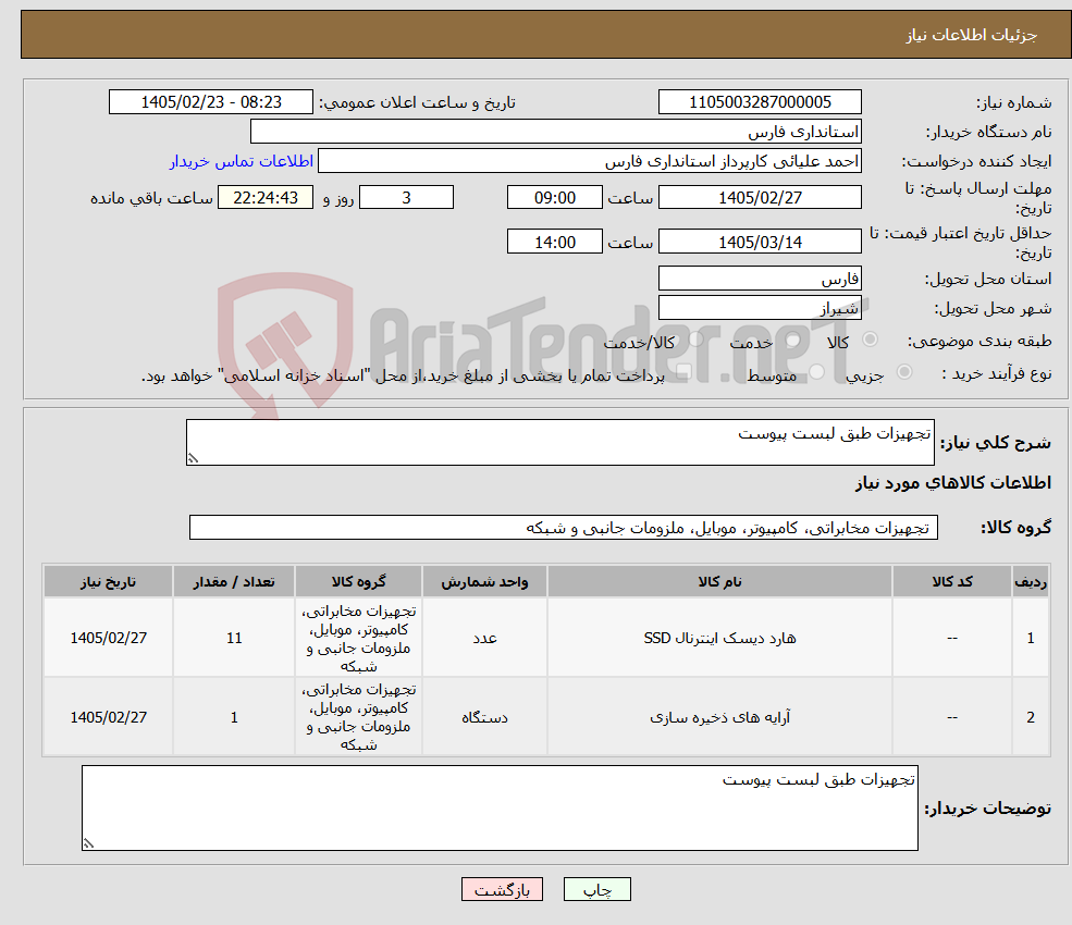 تصویر کوچک آگهی نیاز کالا-تجهیزات طبق لبست پیوست
