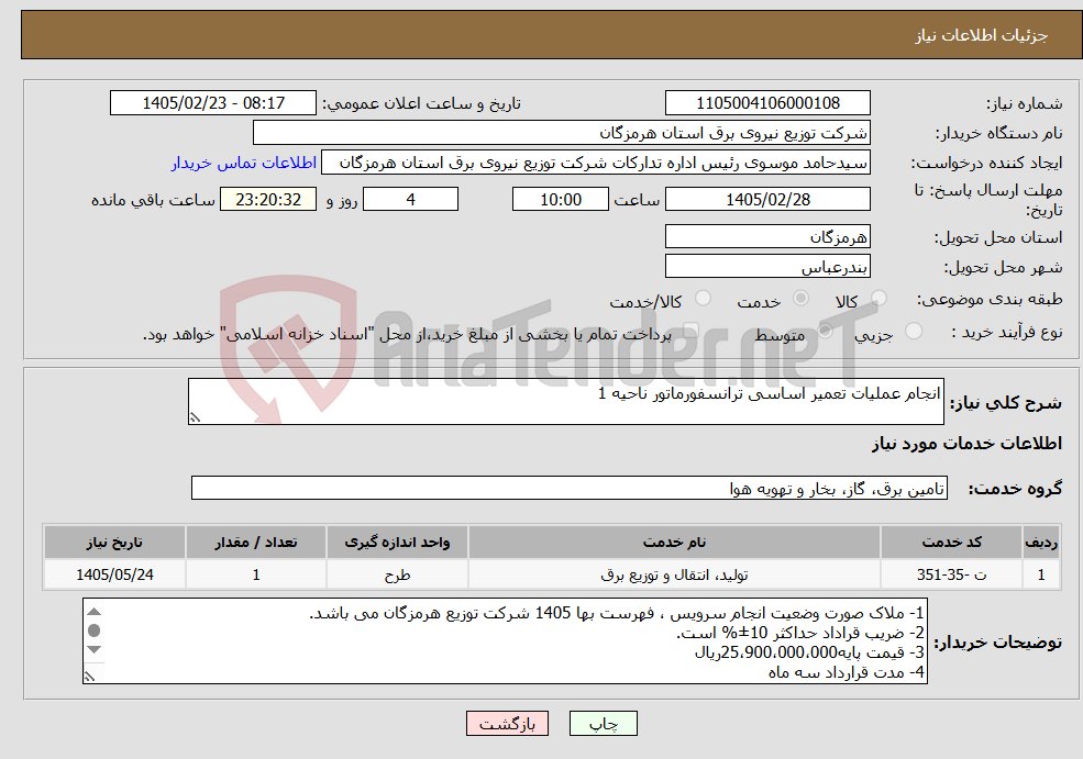 تصویر کوچک آگهی نیاز خدمات-انجام عملیات تعمیر اساسی ترانسفورماتور ناحیه 1