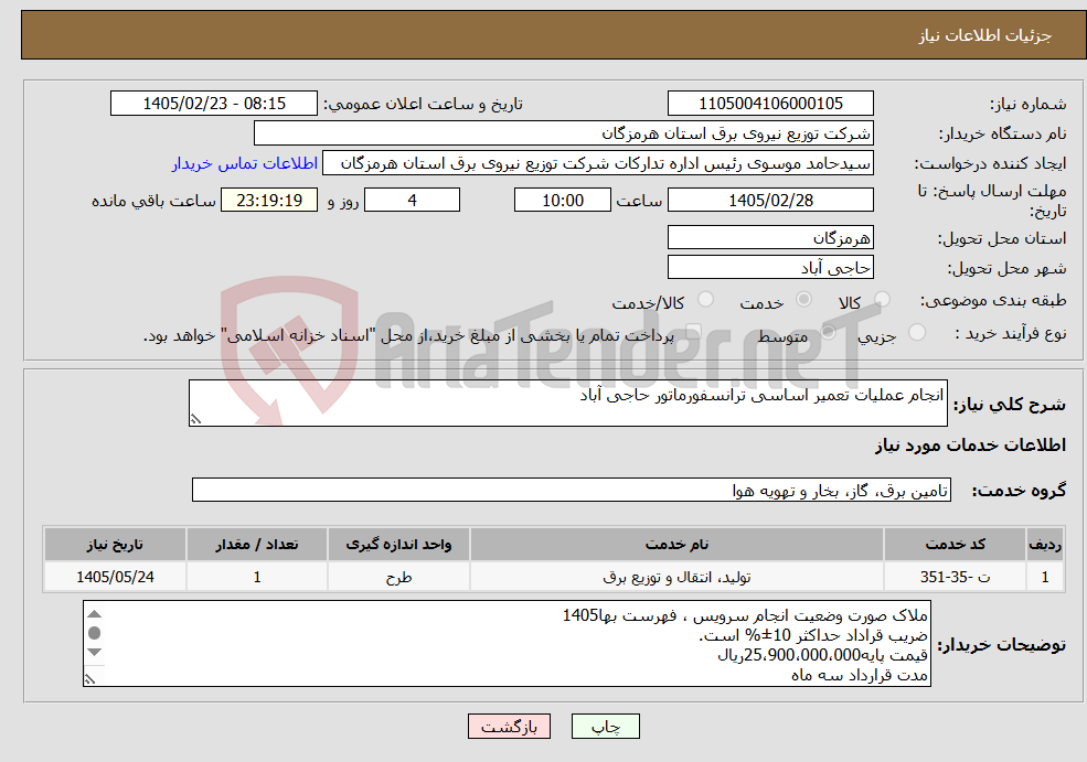 تصویر کوچک آگهی نیاز خدمات-انجام عملیات تعمیر اساسی ترانسفورماتور حاجی آباد