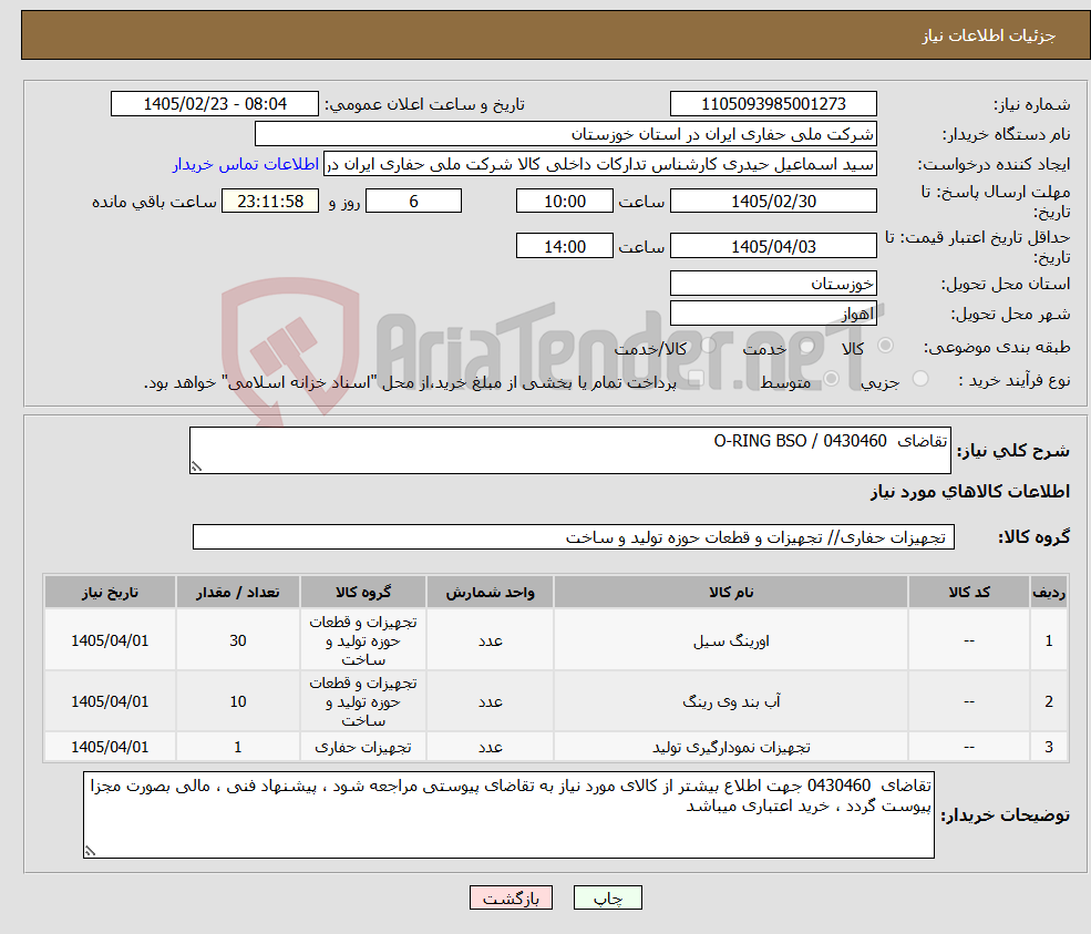 تصویر کوچک آگهی نیاز کالا-تقاضای 0430460 / O-RING BSO