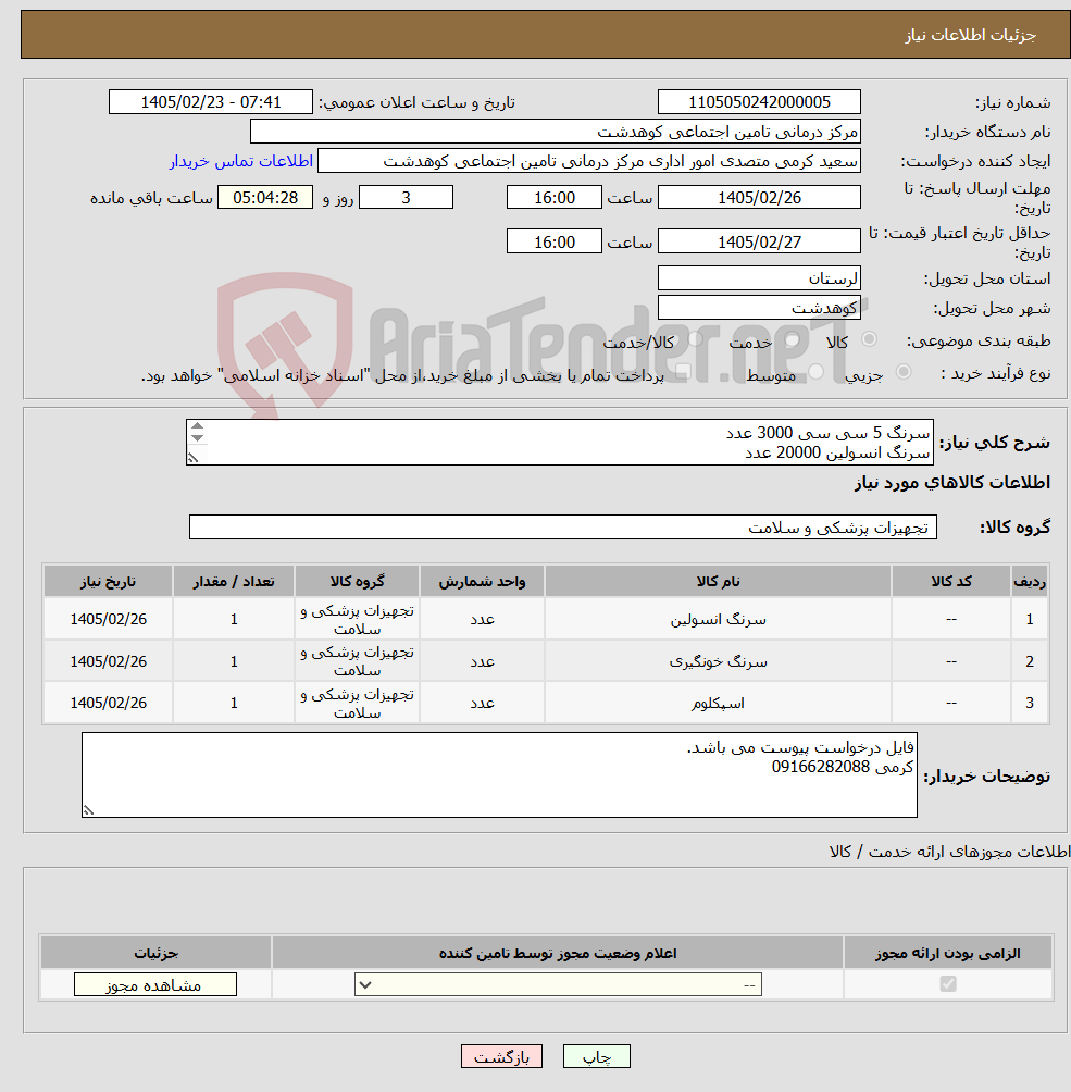 تصویر کوچک آگهی نیاز کالا-سرنگ 5 سی سی 3000 عدد سرنگ انسولین 20000 عدد اسپکلوم مدیوم 400 عدد