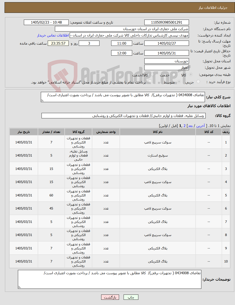 تصویر کوچک آگهی نیاز کالا-تقاضای 0434008 ( تجهیزات برقی)/ کالا مطابق با تصویر پیوست می باشد / پرداخت بصورت اعتباری است/
