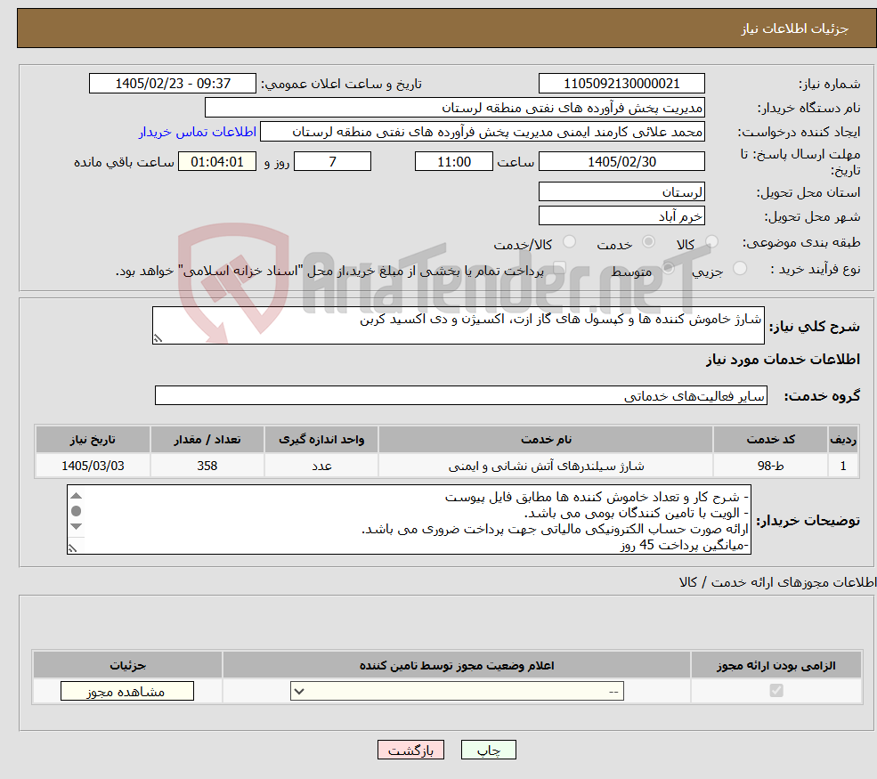 تصویر کوچک آگهی نیاز خدمات-شارژ خاموش کننده ها و کپسول های گاز ازت، اکسیژن و دی اکسید کربن
