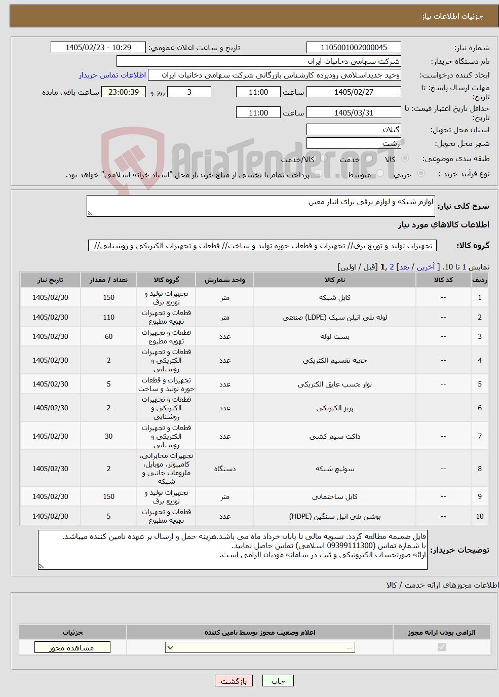 تصویر کوچک آگهی نیاز کالا-لوازم شبکه و لوازم برقی برای انبار معین