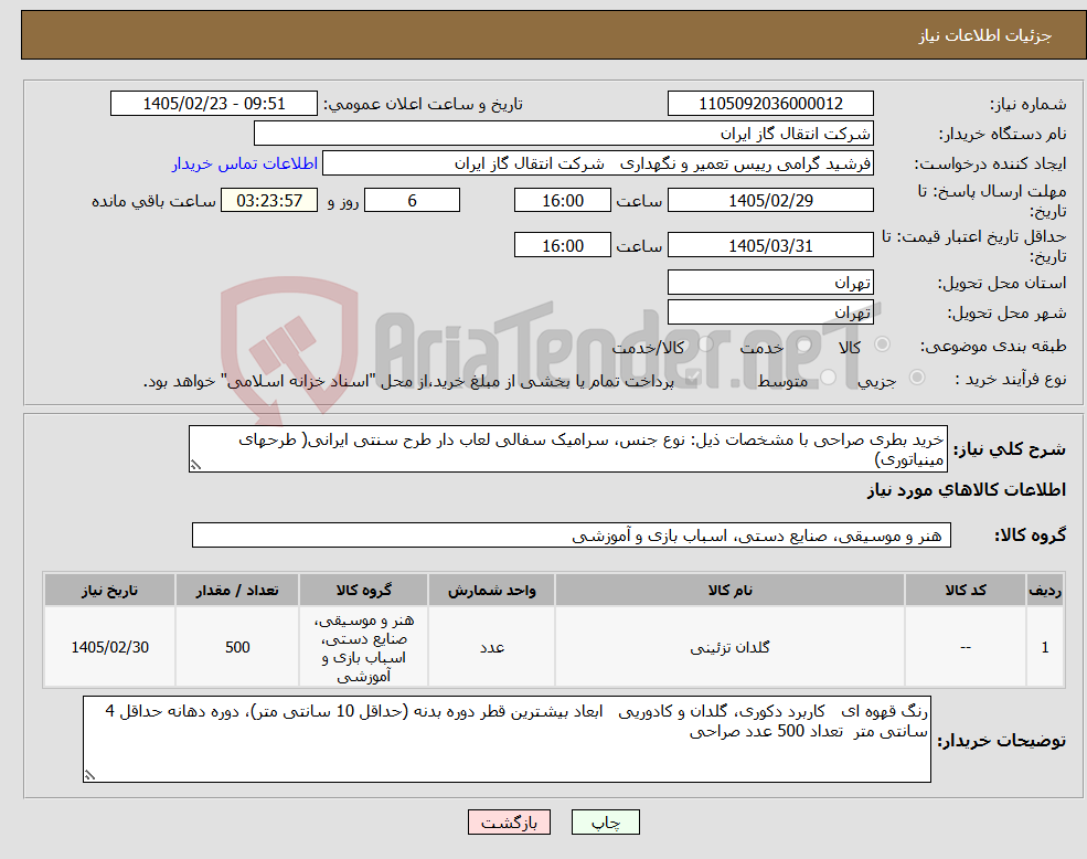 تصویر کوچک آگهی نیاز کالا-خرید بطری صراحی با مشخصات ذیل: نوع جنس، سرامیک سفالی لعاب دار طرح سنتی ایرانی( طرحهای مینیاتوری)