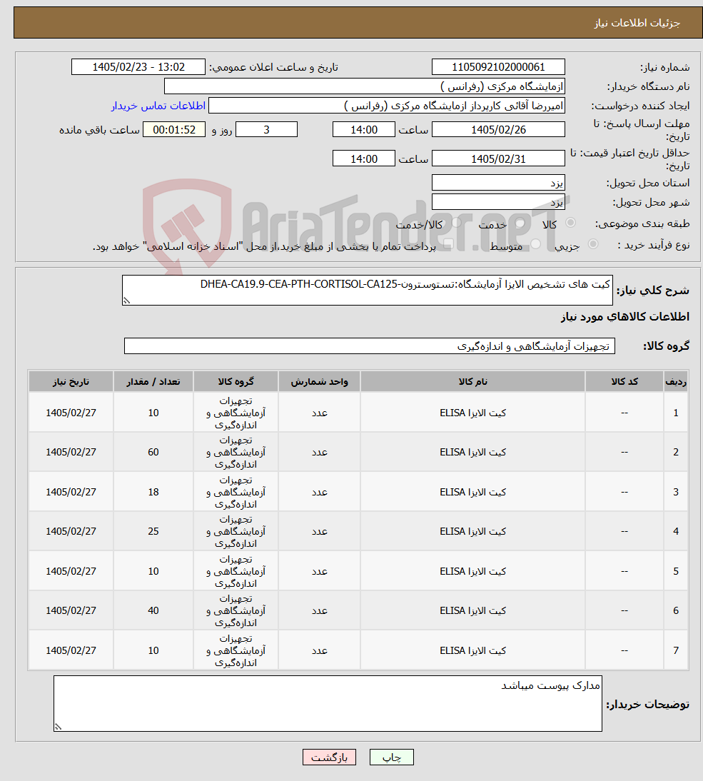 تصویر کوچک آگهی نیاز کالا-کیت های تشخیص الایزا آزمایشگاه:تستوسترون-DHEA-CA19.9-CEA-PTH-CORTISOL-CA125