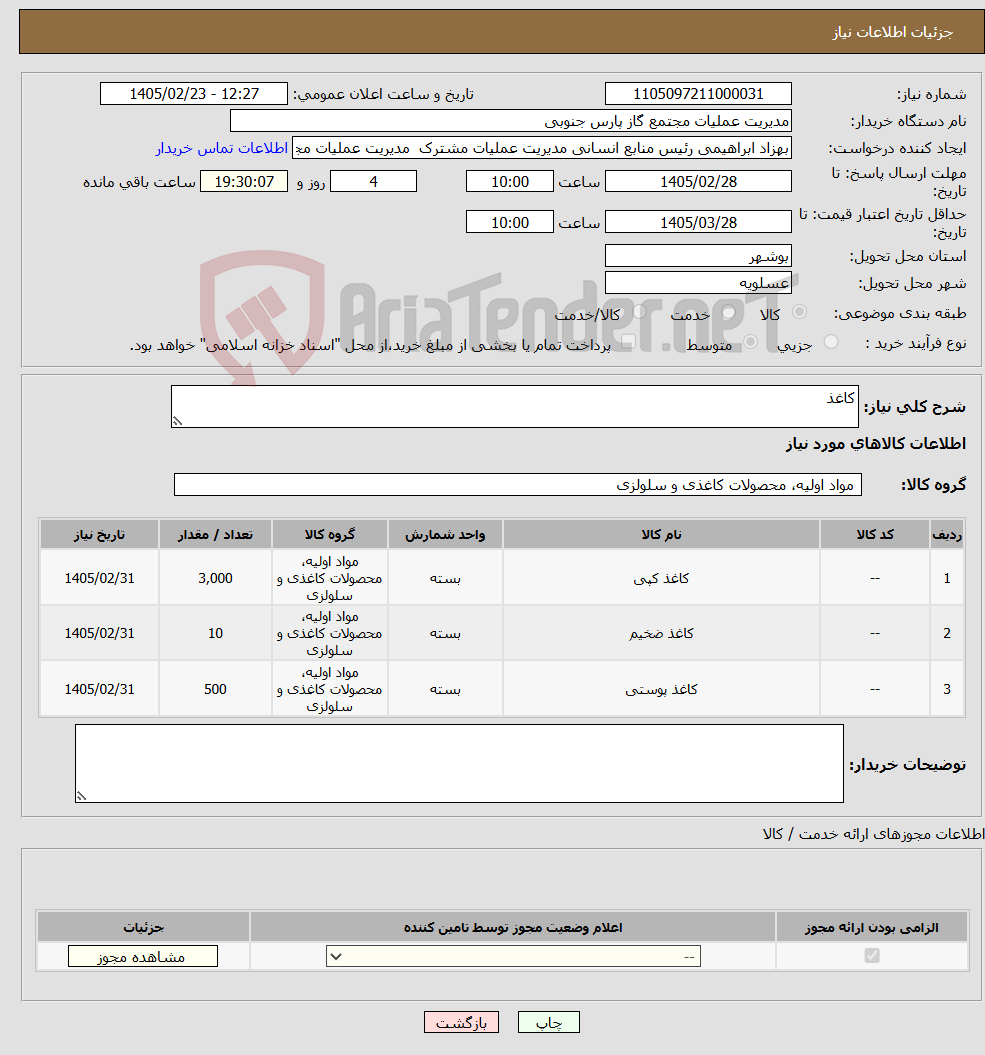 تصویر کوچک آگهی نیاز کالا-کاغذ