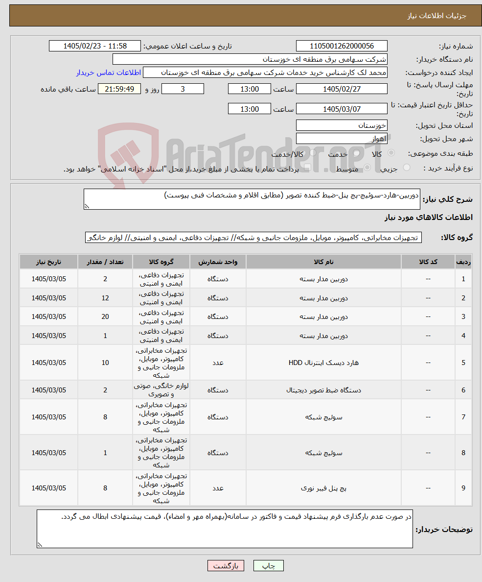 تصویر کوچک آگهی نیاز کالا-دوربین-هارد-سوئیچ-پچ پنل-ضبط کننده تصویر (مطابق اقلام و مشخصات فنی پیوست)