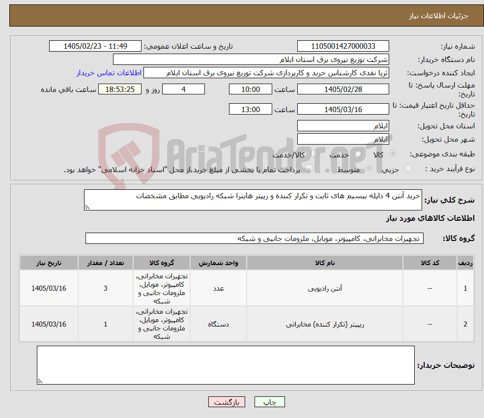 تصویر کوچک آگهی نیاز کالا-خرید آنتن 4 داپله بیسیم های ثابت و تکرار کننده و رپیتر هایترا شبکه رادیویی مطابق مشخصات