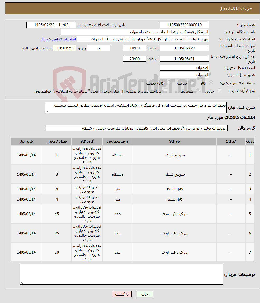 تصویر کوچک آگهی نیاز کالا-تجهیزات مورد نیاز جهت زیر ساخت اداره کل فرهنگ و ارشاد اسلامی استان اصفهان مطابق لیست پیوست 