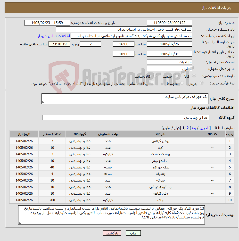 تصویر کوچک آگهی نیاز کالا-پک خوراکی مرکز یاس ساری