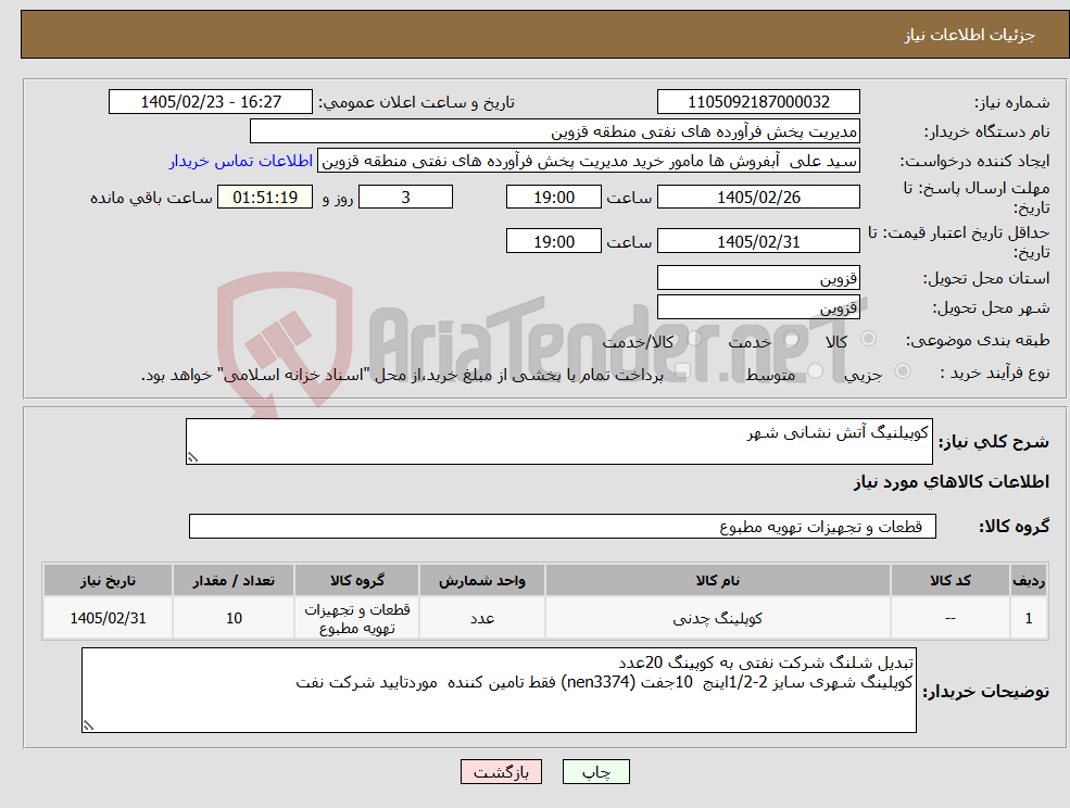 تصویر کوچک آگهی نیاز کالا-کوپیلنیگ آتش نشانی شهر 