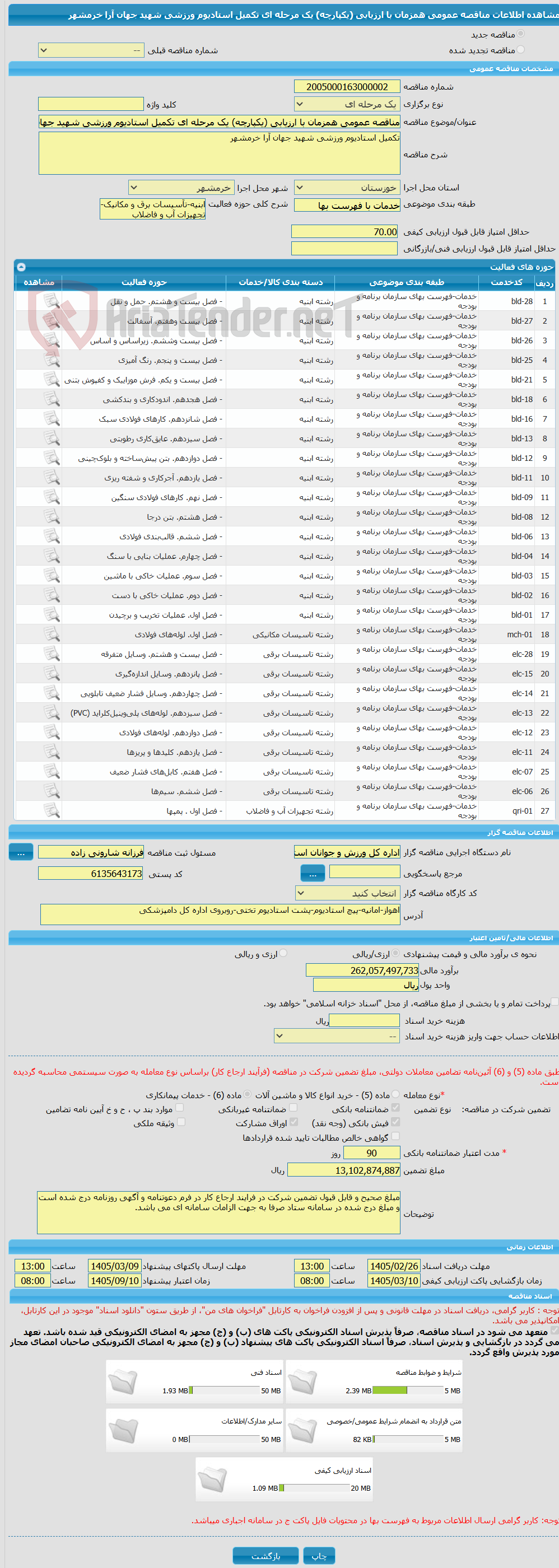 تصویر کوچک آگهی مناقصه عمومی همزمان با ارزیابی (یکپارچه) یک مرحله ای تکمیل استادیوم ورزشی شهید جهان آرا خرمشهر