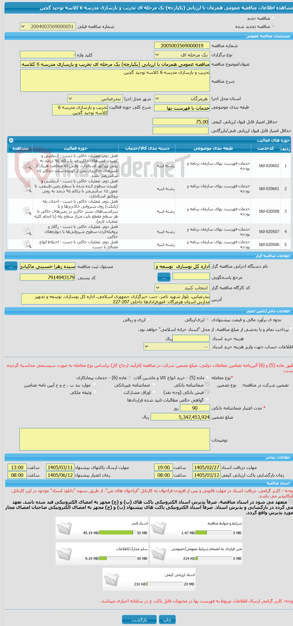 تصویر کوچک آگهی مناقصه عمومی همزمان با ارزیابی (یکپارچه) یک مرحله ای تخریب و بازسازی مدرسه 6 کلاسه توحید گچین