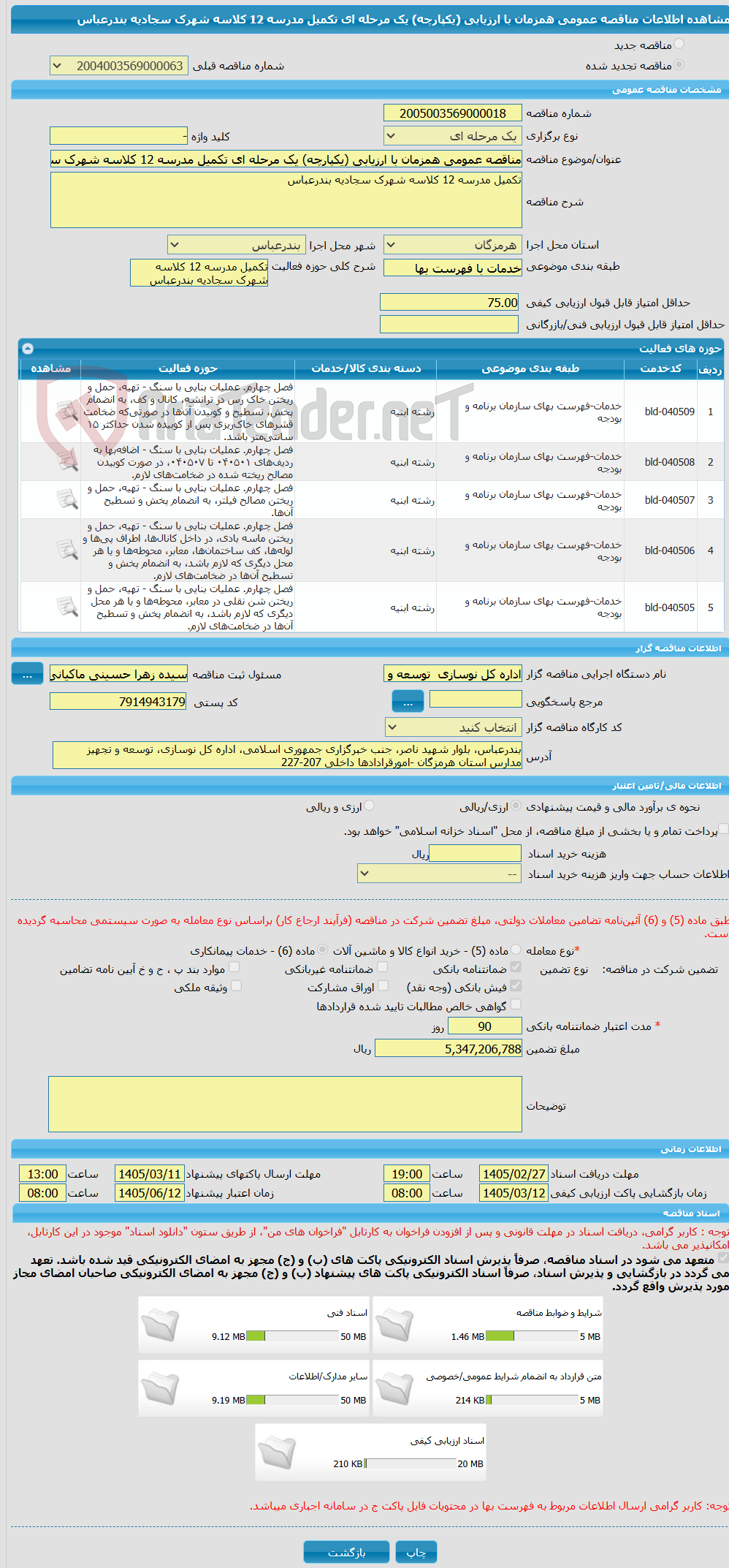 تصویر کوچک آگهی مناقصه عمومی همزمان با ارزیابی (یکپارچه) یک مرحله ای تکمیل مدرسه 12 کلاسه شهرک سجادیه بندرعباس 