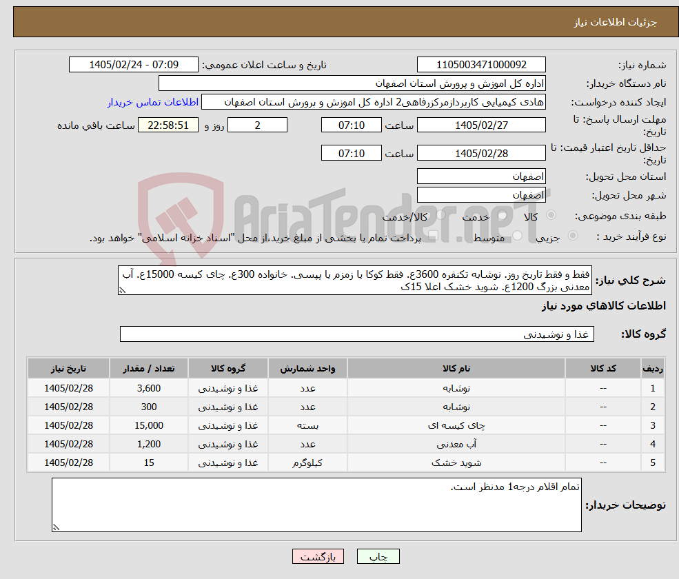 تصویر کوچک آگهی نیاز کالا-فقط و فقط تاریخ روز. نوشابه تکنفره 3600ع. فقط کوکا یا زمزم یا پپسی. خانواده 300ع. چای کیسه 15000ع. آب معدنی بزرگ 1200ع. شوید خشک اعلا 15ک