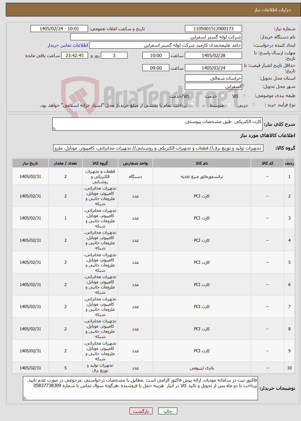 تصویر کوچک آگهی نیاز کالا-کارت الکتریکی طبق مشخصات پیوستی 