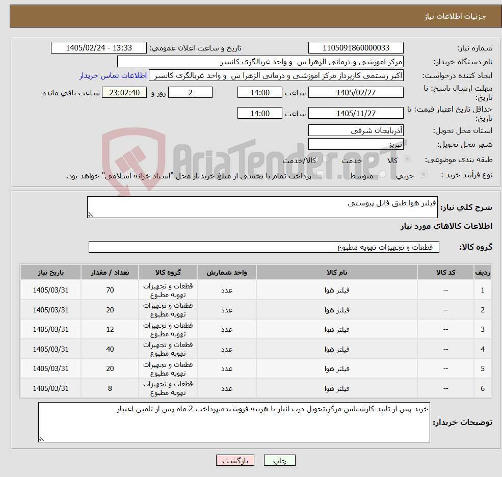 تصویر کوچک آگهی نیاز کالا-فیلتر هوا طبق فایل پیوستی