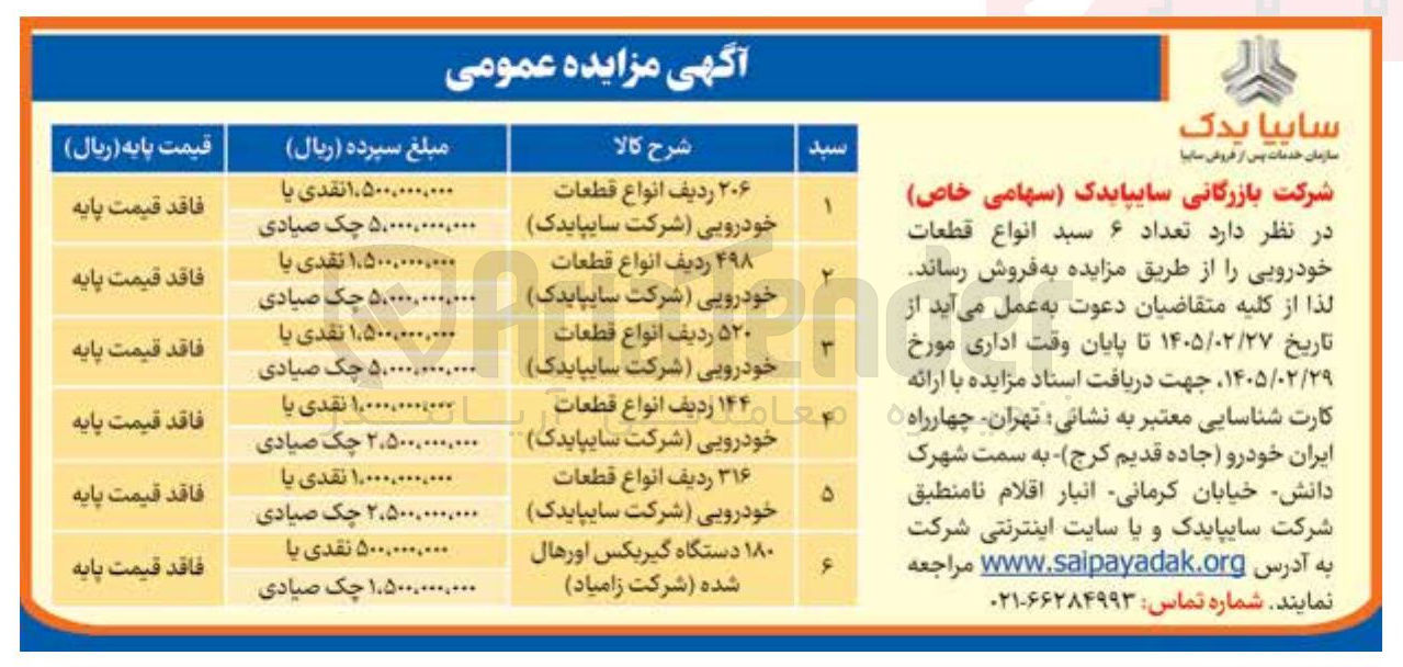 تصویر کوچک آگهی فروش 206 ردیف انواع قطعات خودرویی