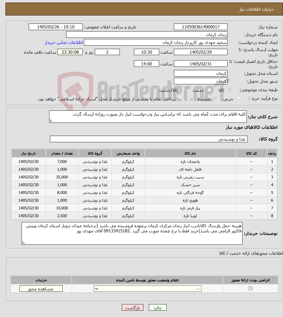 تصویر کوچک آگهی نیاز کالا-کلیه اقلام برای مدت 2ماه می باشد که براساس نیاز ودرخواست انبار دار بصورت روزانه ارسال گردد.