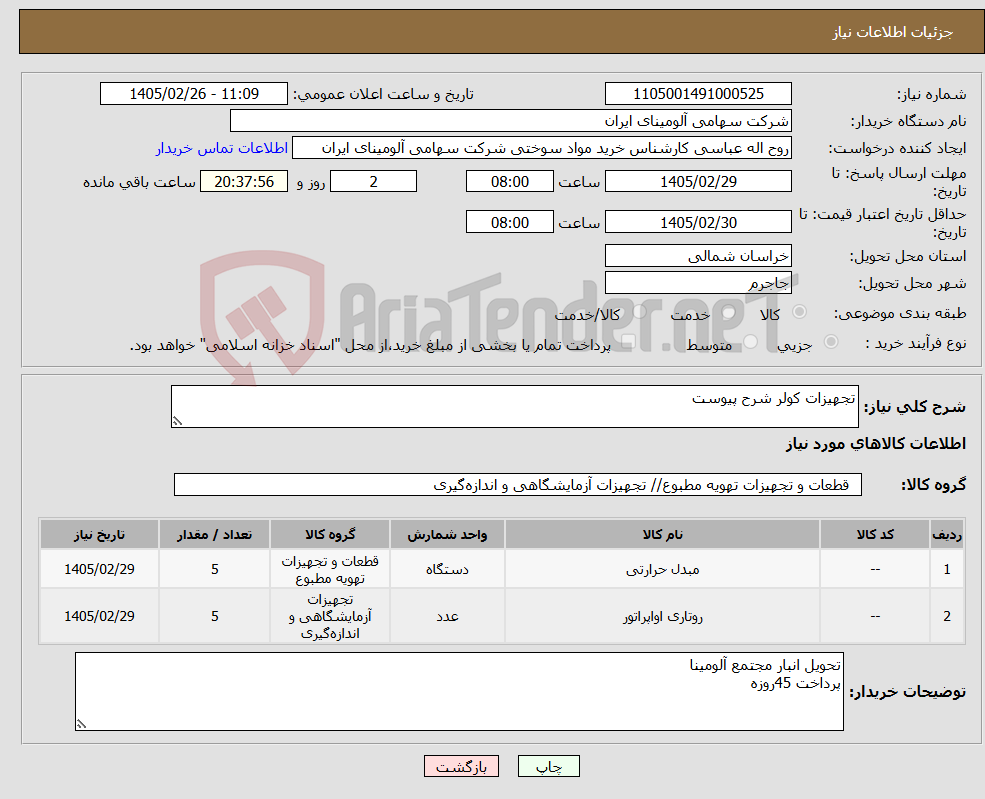 تصویر کوچک آگهی نیاز کالا-تجهیزات کولر شرح پیوست
