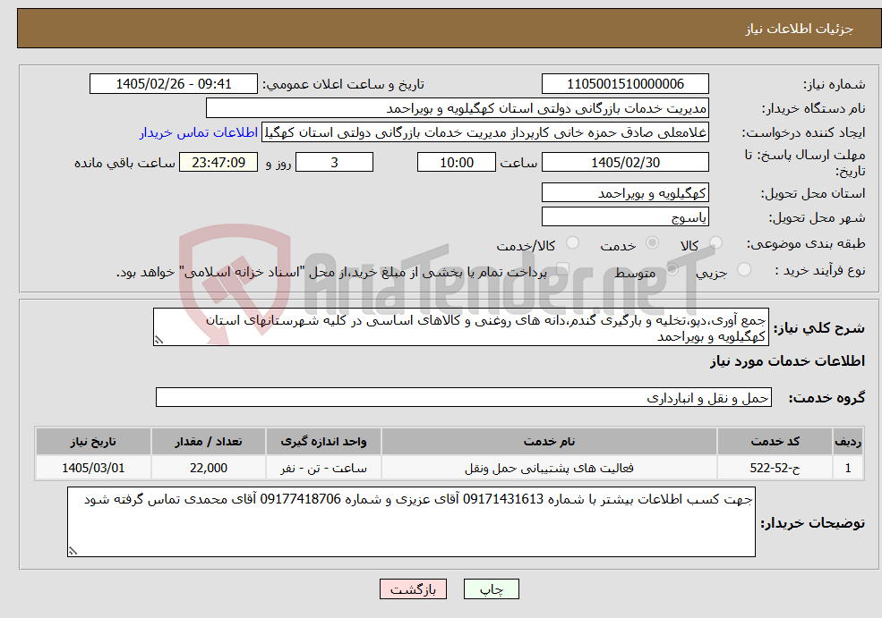 تصویر کوچک آگهی نیاز خدمات-جمع آوری،دپو،تخلیه و بارگیری گندم،دانه های روغنی و کالاهای اساسی در کلیه شهرستانهای استان کهگیلویه و بویراحمد