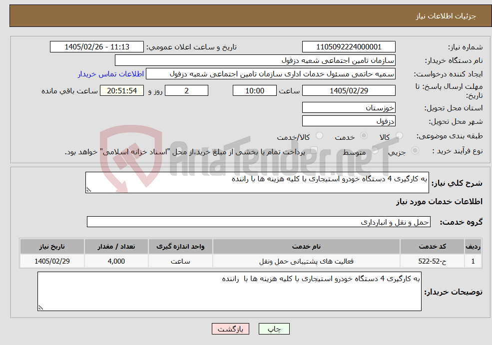 تصویر کوچک آگهی نیاز خدمات-به کارگیری 4 دستگاه خودرو استیجاری با کلیه هزینه ها با راننده