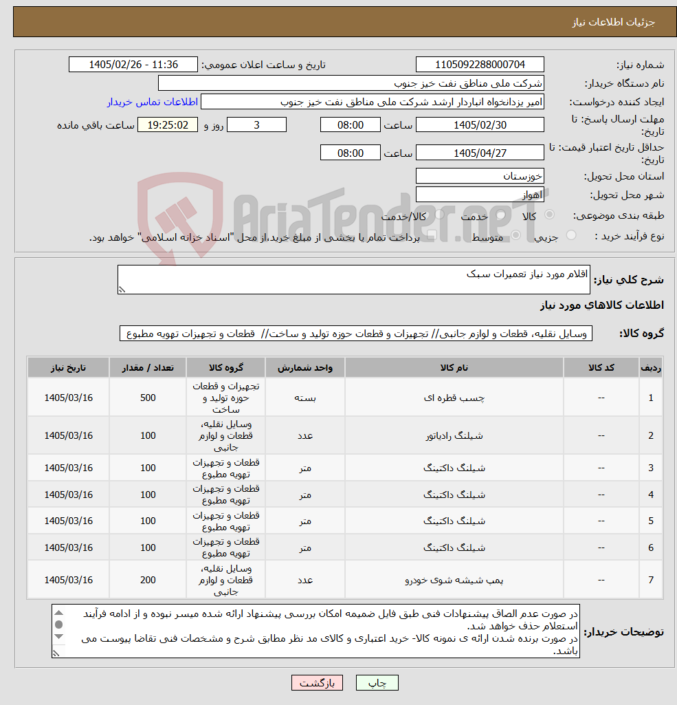 تصویر کوچک آگهی نیاز کالا-اقلام مورد نیاز تعمیرات سبک