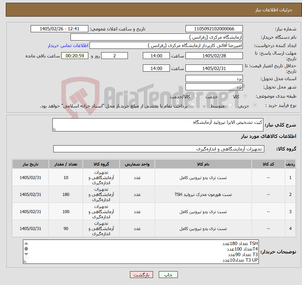 تصویر کوچک آگهی نیاز کالا-کیت تشخیص الایزا تیروئید آزمایشگاه